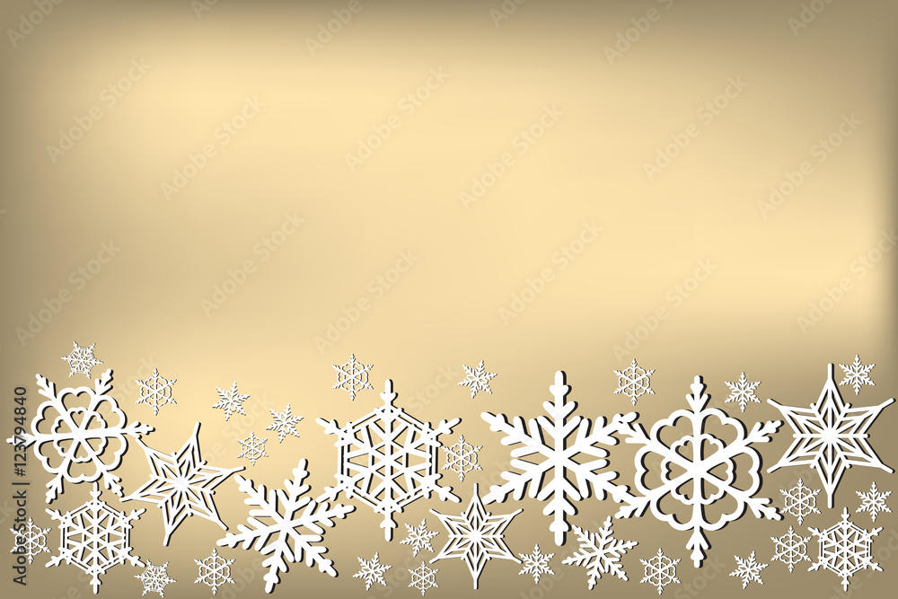 Fototapeta premium Golden background with white snowflakes