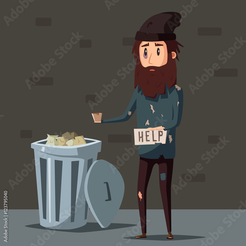Sad unemployed beggar. Cartoon vector illustration
