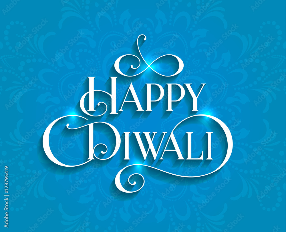 Beautiful lettering calligraphy white text with a shadow. Calligraphy inscription Happy Diwali festival India design invitation blue background. Vector illustration EPS 10