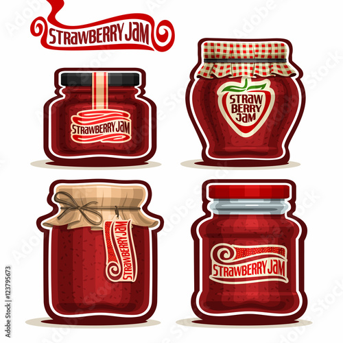Vector logo Strawberry Jam in glass Jars with paper lid, red Pot home made strawberry jams, twine rope bow, homemade fruit jam jar, berry jelly pot with label, checkered cloth cap, isolated on white.