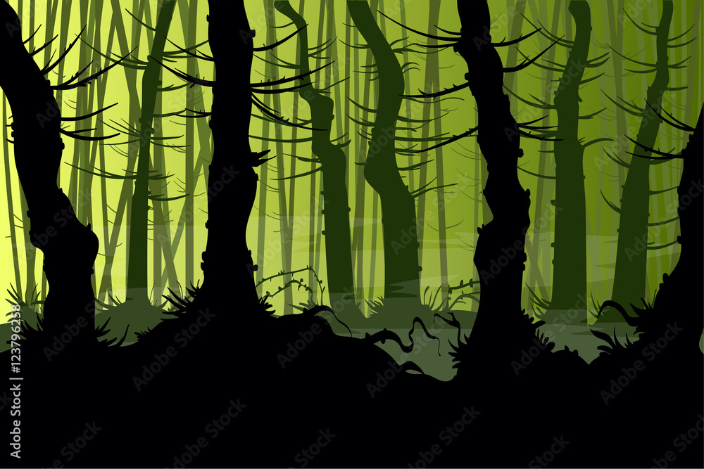 Fototapeta premium Vector illustration of a creepy night forest with mist