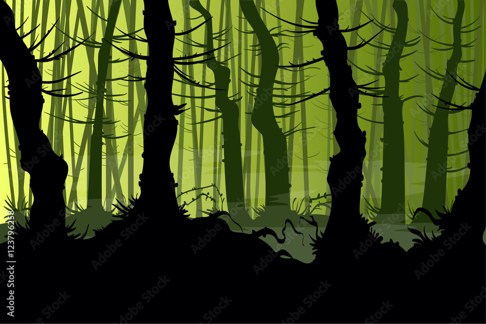 Naklejka premium Vector illustration of a creepy night forest with mist