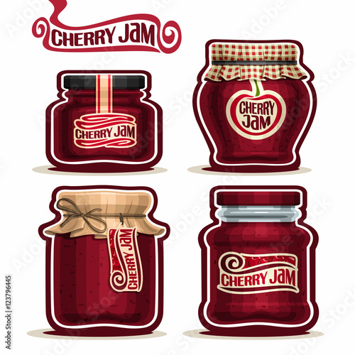 Vector logo Cherry Jam in glass Jars with paper lid cover, red Pot home made cherry berry jams, twine rope bow, homemade fruit jam jar, jelly pot with label, checkered cloth cap, isolated on white.