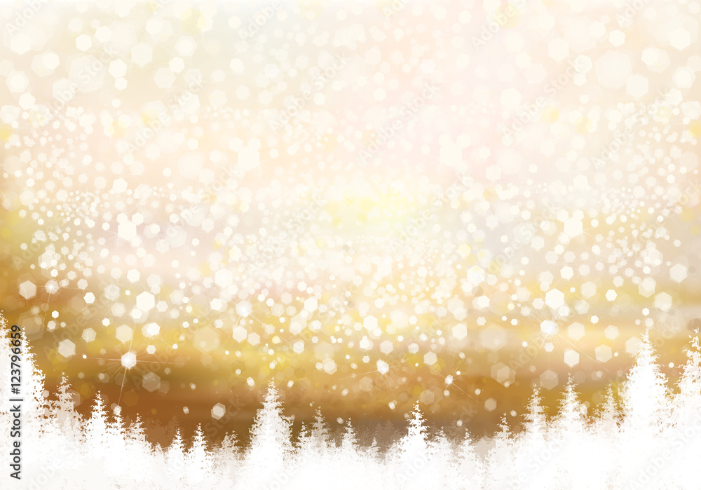 Vector golden Christmas background with forest border.