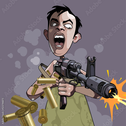 cartoon caricature of an emotional man fires a gun