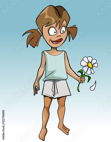 cartoon funny girl guessing on flower camomile