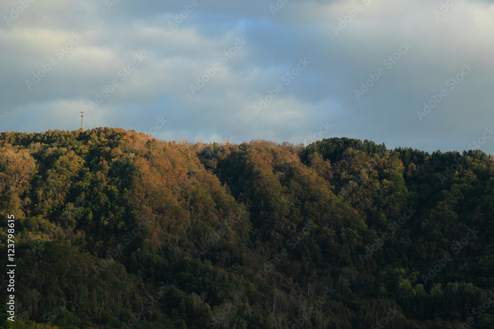 朝日に照らされる低い山並み