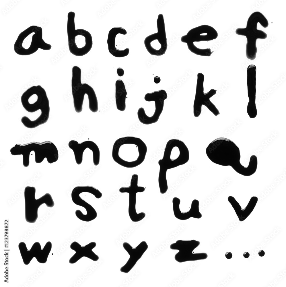 Letters A-Z (English lowercase) dripping with black blood on whi Letters A-Z (English lowercase) dripping with black blood on whi