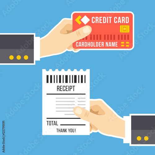 Hand with credit card and hand with receipt. Pay bills, business, online payment, tips, pay at restaurant concept. Modern flat design vector illustration