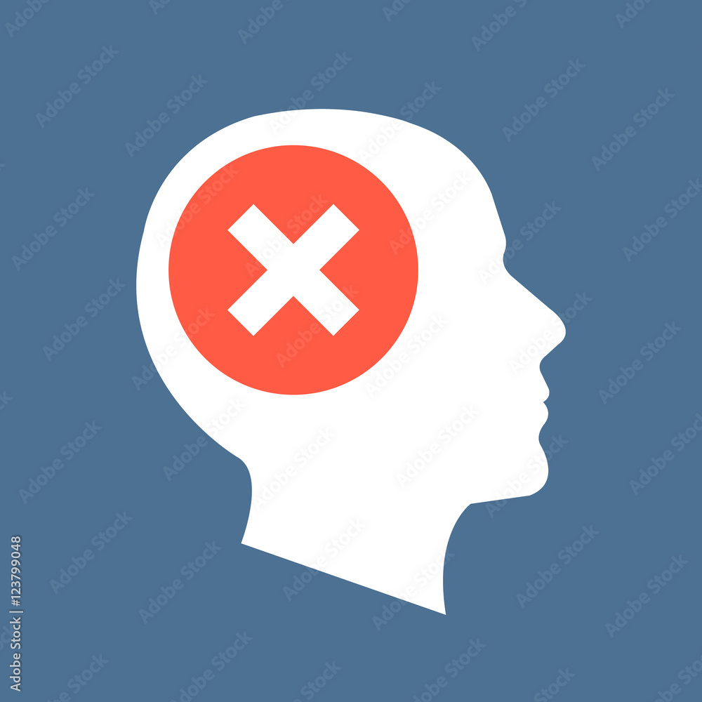 White human head silhouette and red checkmark icon. Cross in red circle. Abstract concept. Flat design vector illustration White human head silhouette and red checkmark icon. Cross in red circle. Abstract concept. Flat design vector illustration