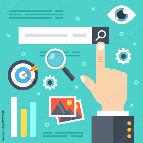 Internet search. Finger touching search button with magnifying glass, searching engine icons, elements. Web surfing, find websites, looking for information concepts. Modern flat vector illustration