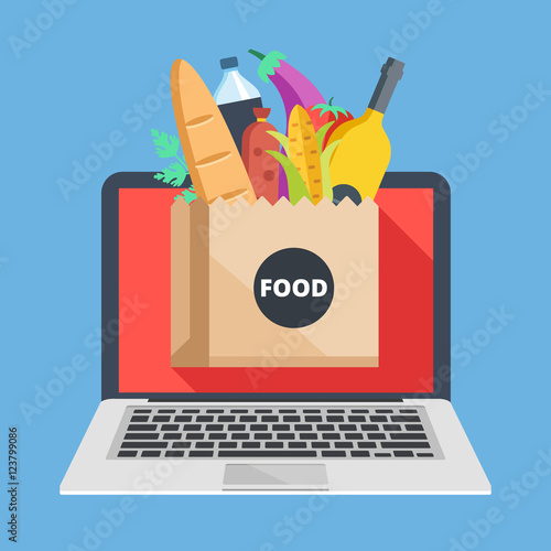 Laptop and paper bag with food. Buy groceries online, food delivery, internet shopping concepts. Creative flat design vector illustration