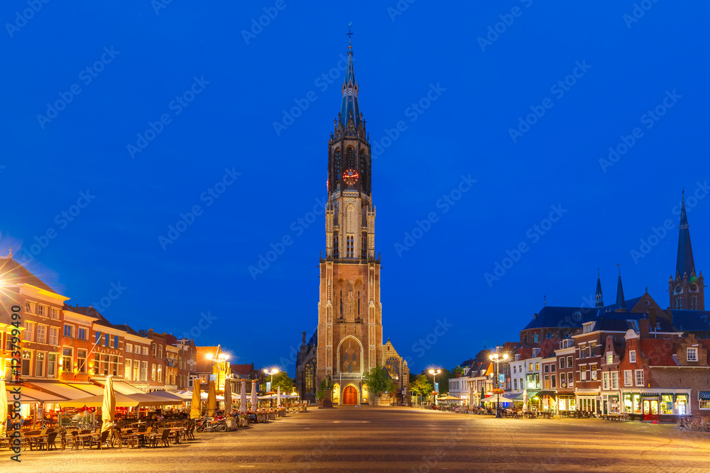 Gothic Protestant Nieuwe Kerk, New church on Markt square in the center of the old city at night, Delft, Holland, Netherlands