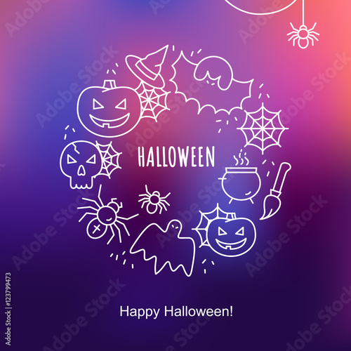 Halloween greeting card with outline icons. Vector Illustration. White icons round shape composition on blur purple backdrop. Halloween Concept.
