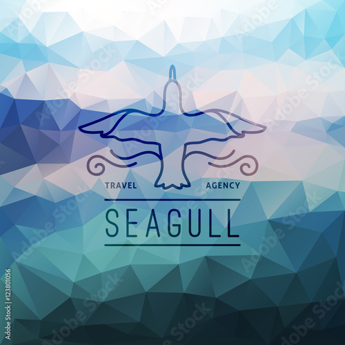 travel agency logo on polygon seascape background, seagull