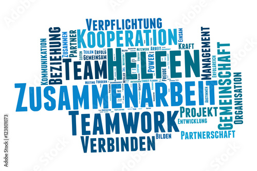 Zusammenarbeit, Teamwork, Helfen, Text in blau weiss