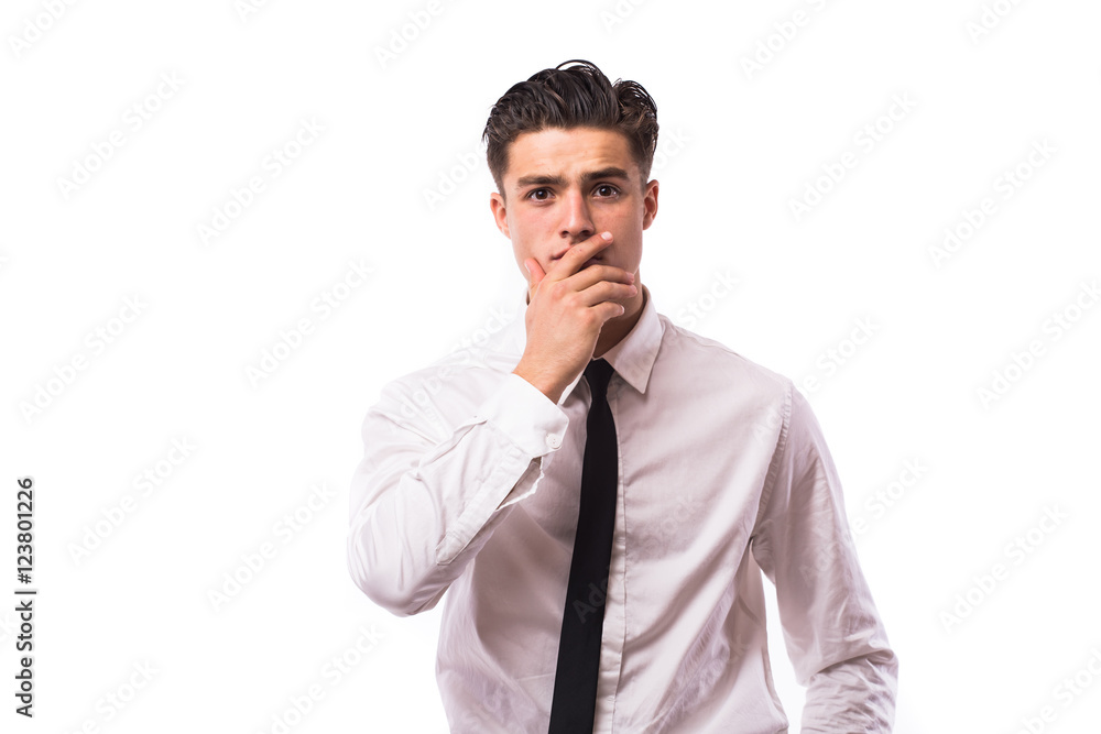 Portrait of a businessman touching his chin over white background Portrait of a businessman touching his chin over white background