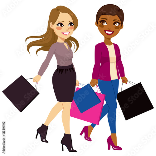 Beautiful best friends women from different ethnicities going shopping