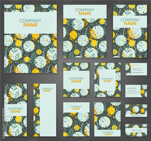Business cards, invitations, flyers. Big templates set. Floral herbal pattern.