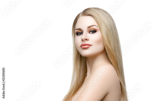 Beautiful girl with blond long hair and makeup
