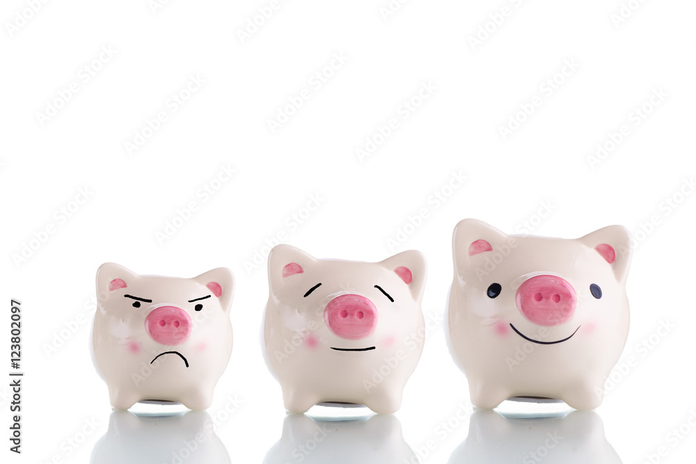 Three white piggy bank with different size small, medium and large and different emotion sad, calm and happy - saving, emotional and investment Three white piggy bank with different size small, medium and large and different emotion sad, calm and happy - saving, emotional and investment