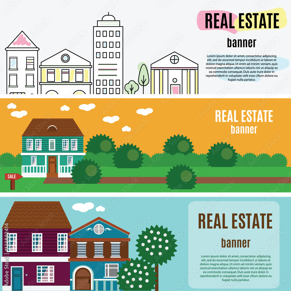 Real estate horizontal banners. House, cottage, townhouse, home vector illustration