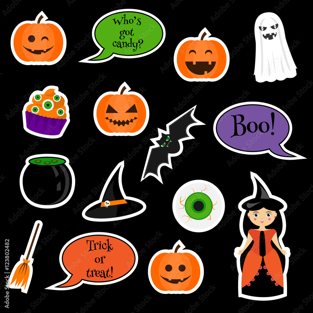 Halloween vector stickers, patches, badges. Holiday symbols isolated on black