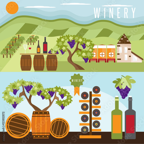 flat design set of landscape with winery , vineyard , barrels an