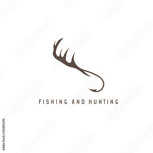 fishing and hunting illustration with deer horns and fishing hoo