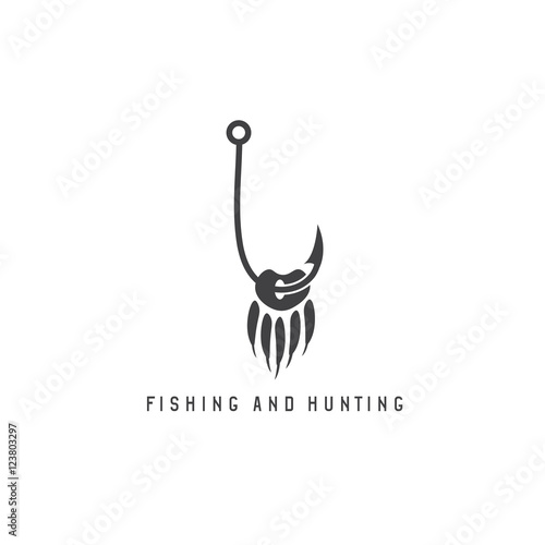 fishing and hunting illustration with paw of bear and fishing ho