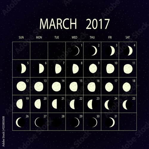 Moon phases calendar for 2017. March. Vector illustration.