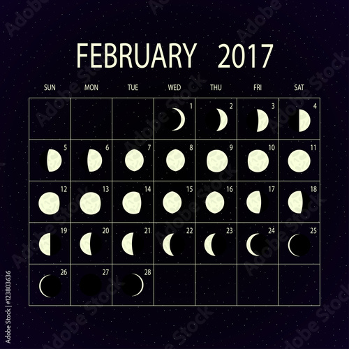 Moon phases calendar for 2017. February. Vector illustration.