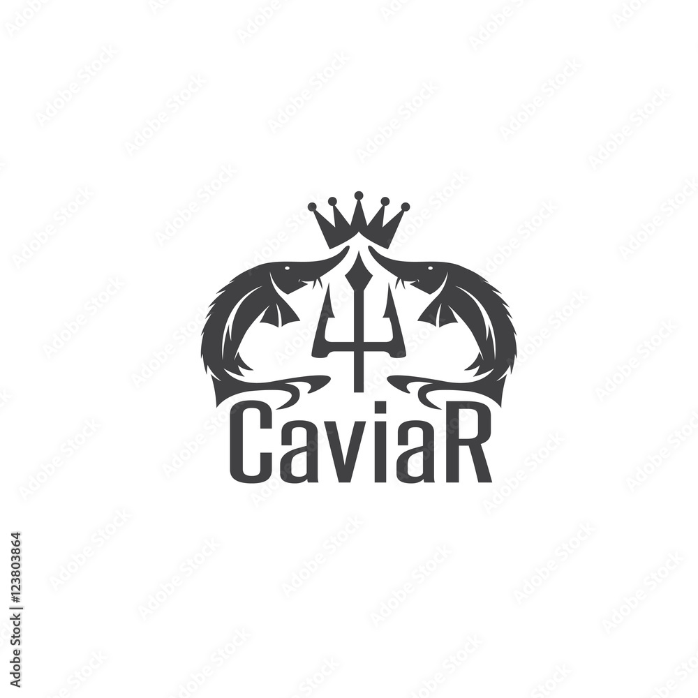 caviar vector emblem with sturgeons , crown and trident caviar vector emblem with sturgeons , crown and trident