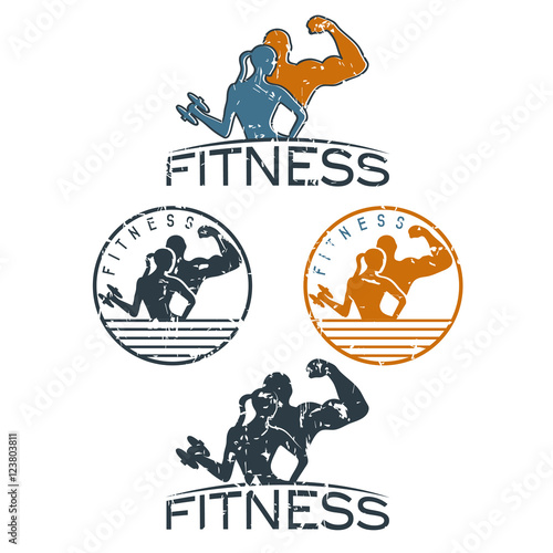 man and woman of fitness silhouette character grunge emblems set