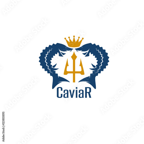 caviar vector emblem with sturgeons , crown and trident
