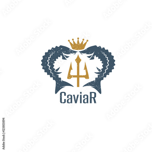 caviar grunge vector emblem with sturgeons , crown and trident