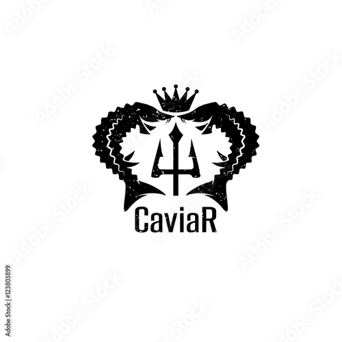 caviar grunge vector emblem with sturgeons , crown and trident