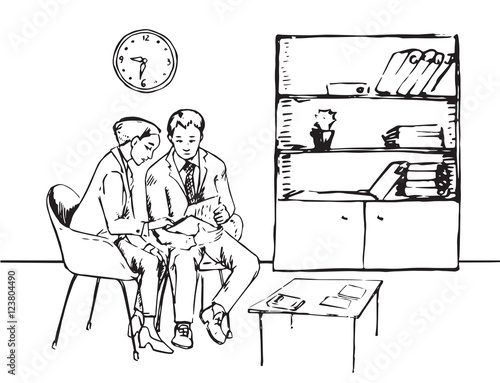 Man and woman working with documents in the office, Hand drawn vector illustration
