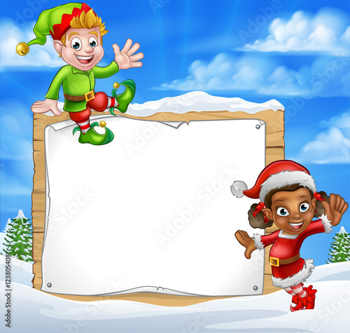 Christmas Elf Cartoon Characters Snow Sign