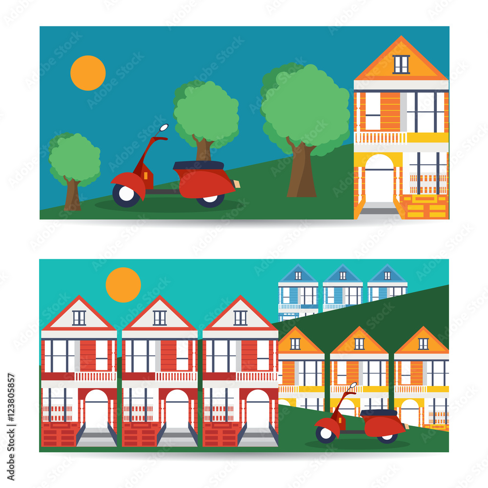 San Francisco landmarks horizontal flat design vector banners San Francisco landmarks horizontal flat design vector banners
