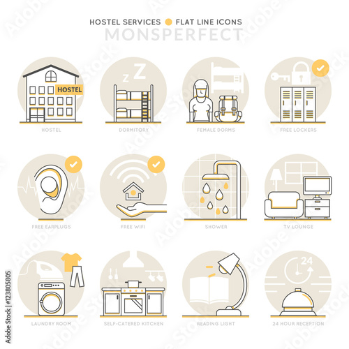 Infographic Icons Elements about Hostel Services. Flat Thin Line Icons Set Pictogram for Website and Mobile Application Graphics.