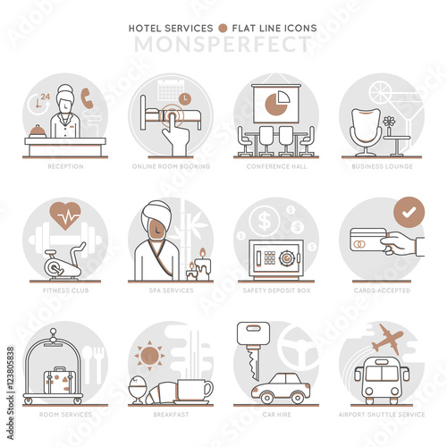 Infographic Icons Elements about Hotel Services. Flat Thin Line Icons Set Pictogram for Website and Mobile Application Graphics.