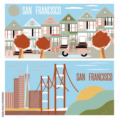 San Francisco landmarks horizontal flat design vector banners