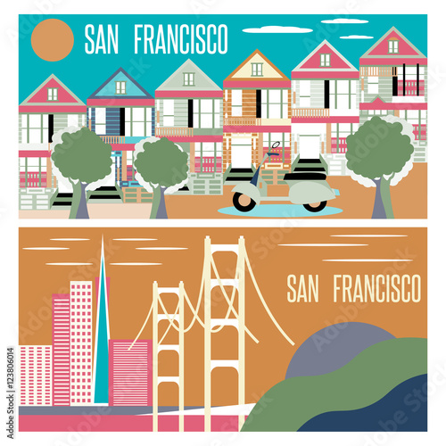 San Francisco landmarks horizontal flat design vector banners