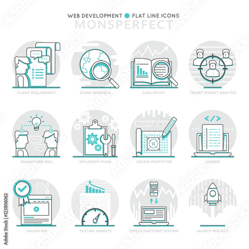 Infographic Icons Elements about Web Development. Flat Thin Line Icons Set Pictogram for Website and Mobile Application Graphics.