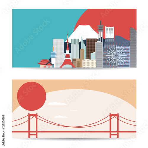 Set of banners on theme Japan. With with skyscrapers, Mount Fuji photo