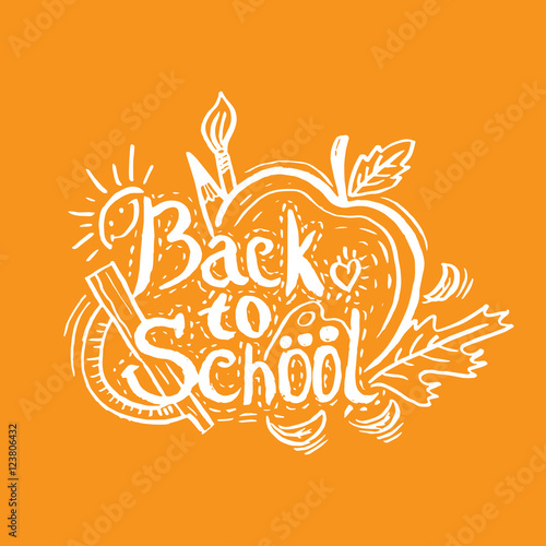 Hand drawing greeting card "Back to School" with apple,leaf,penc