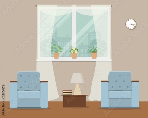 Living room in beige color. Vector flat illustration. There is a two blue armchairs, a window, a lamp and other objects in the picture. There are pots with flowers on a windowsill