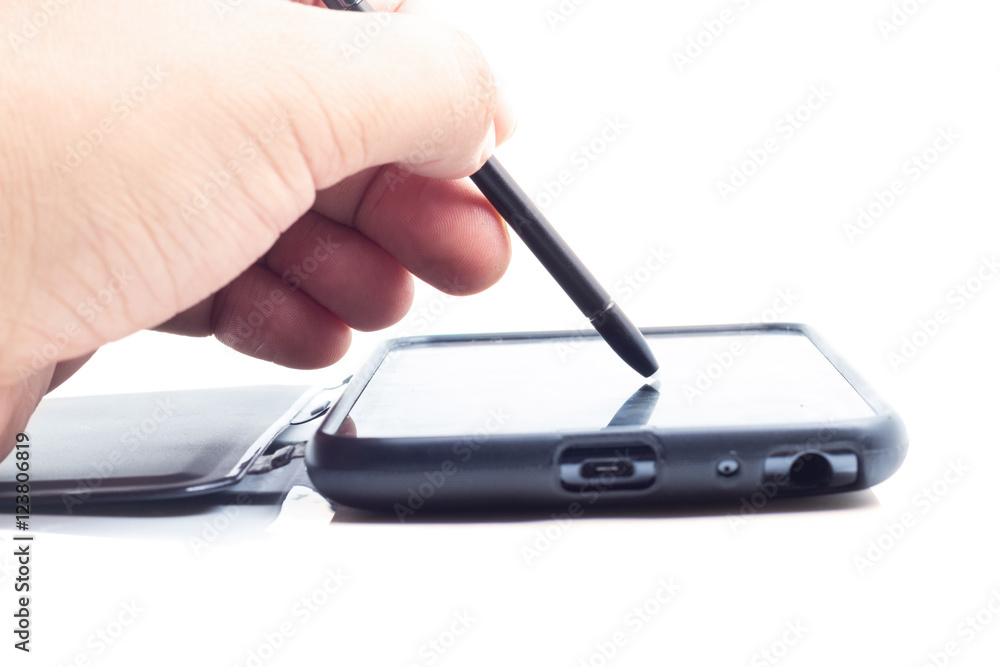 Hand touching screen on modern mobile smart phone Hand touching screen on modern mobile smart phone