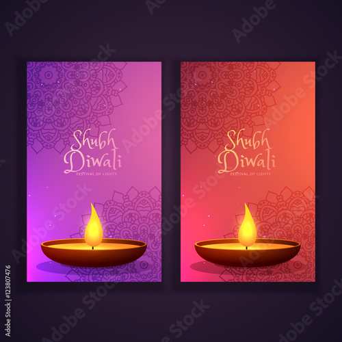 beautiful happy diwali vertical banners with glowing diya and ma